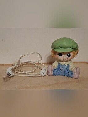 Vintage ceramic Interpur boy night light, green cap, blue overalls, works great